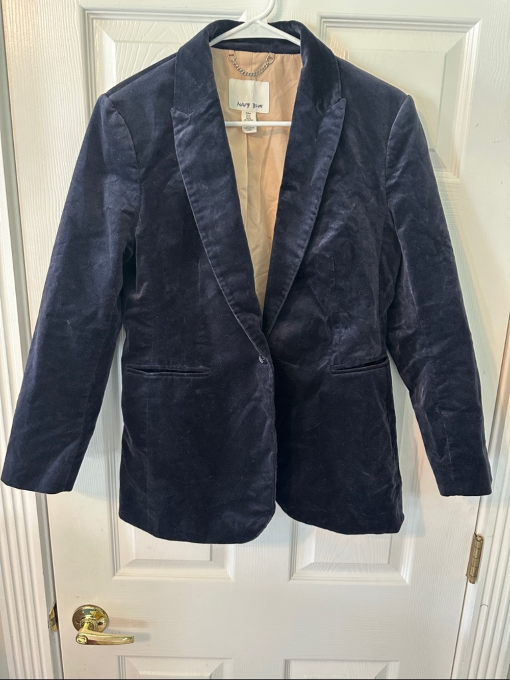 H&M Navy Blue Velvet Single Button Blazer Jacket Size Medium